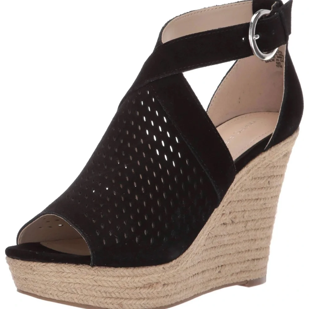 Marc Fisher Helyda  Espadrille Black Suede‎ Perforated  Wedge Sz 9